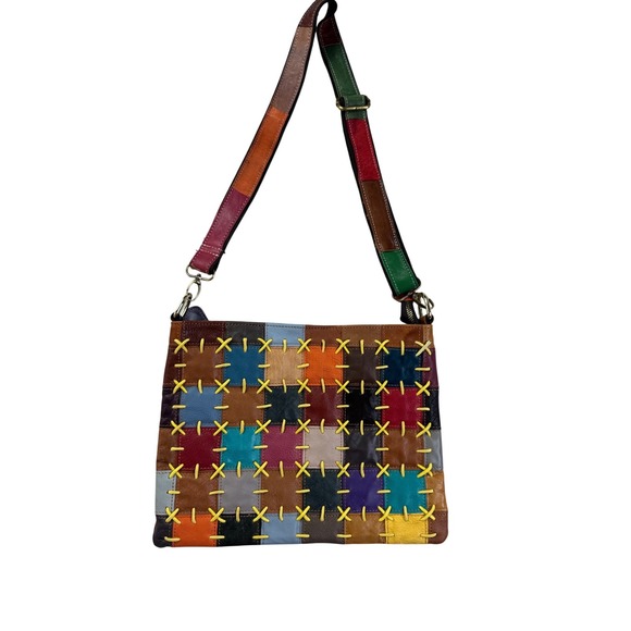 Amerileather Handbags - AmeriLeather Patchwork Leather Crossbody Bag Multicolor Whipstitch Hobo